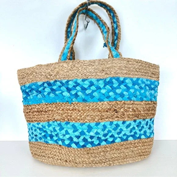 CHICO’S Beige Woven Jute Raffia Turquoise Blue Fabric Beach Travel Shoulder Tote - Picture 4 of 11